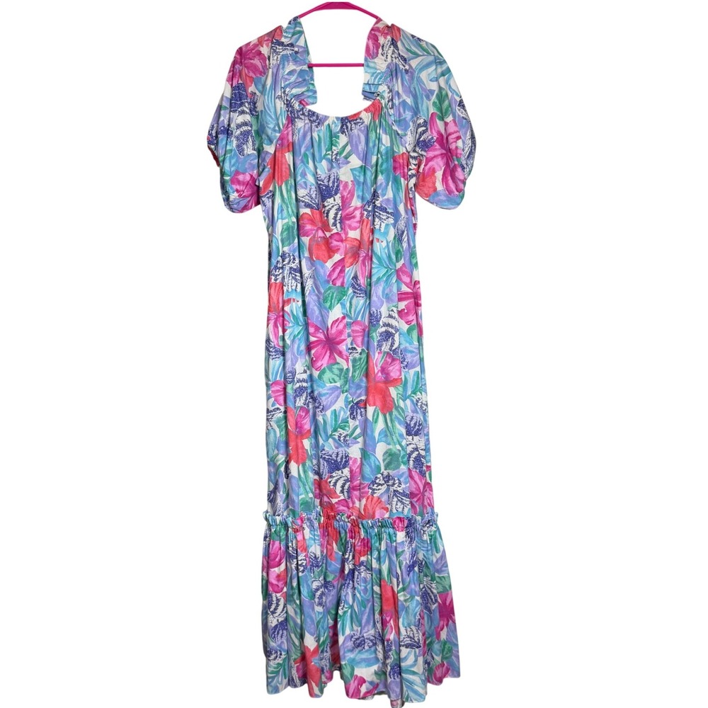 Vintage 70s Pomare Hawaii Tropical Floral Muumuu Maxi Dress Puff Sleeve Volup 18
